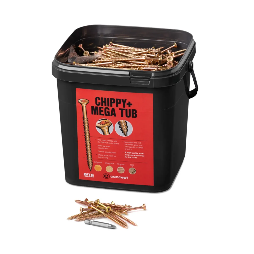 Chippy+ MEGA TUB filled with multipurpose woodscrews, supplied with driver bits and suitable for softwood, chipboard, plywood and MDF applications.